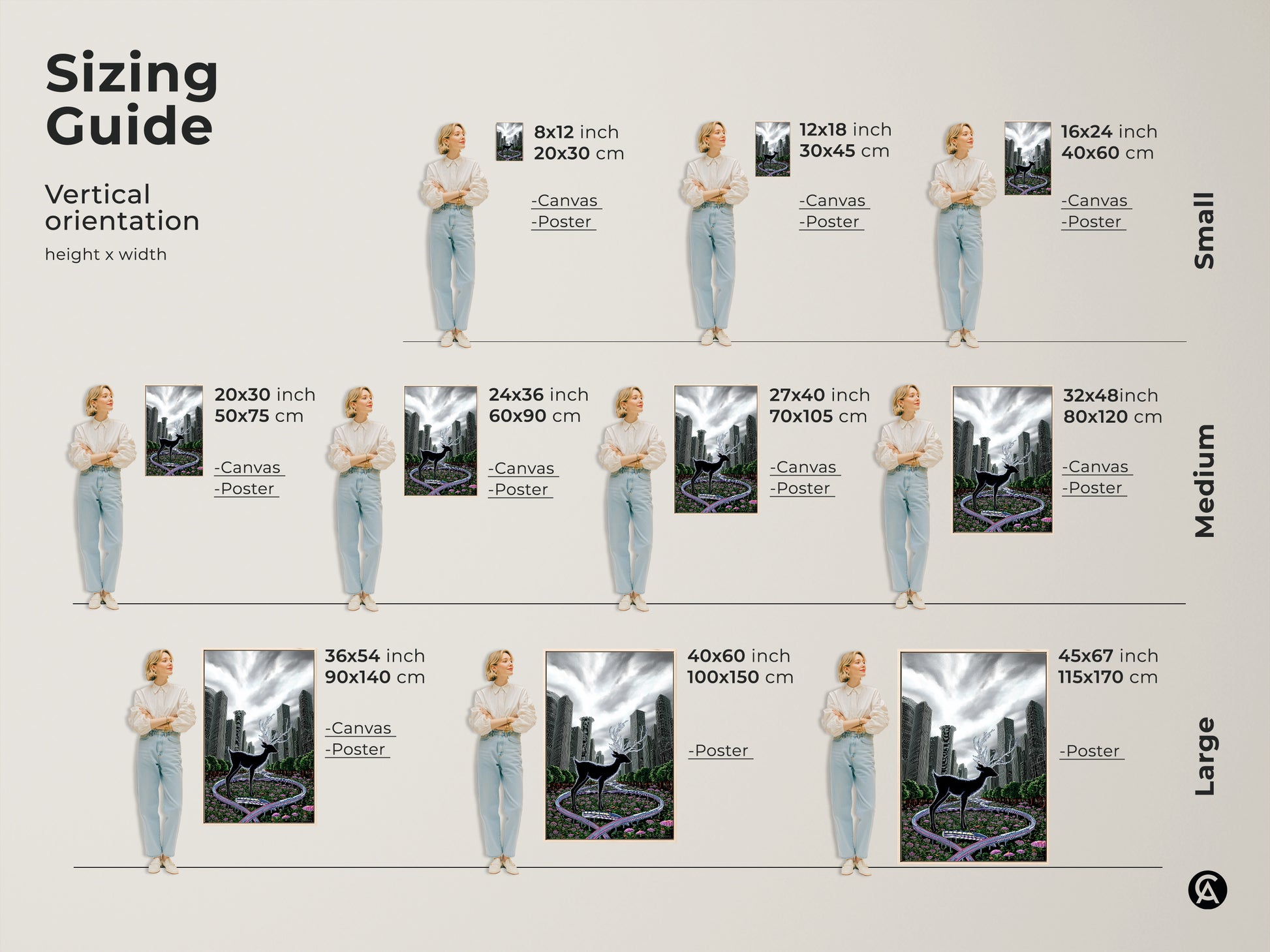Find the perfect size with our sizing guide. See how the surreal deer art looks in different vertical orientations. Options include canvas and poster prints. Envision this black green grey animal artwork in your space. Sizes range from small to large.