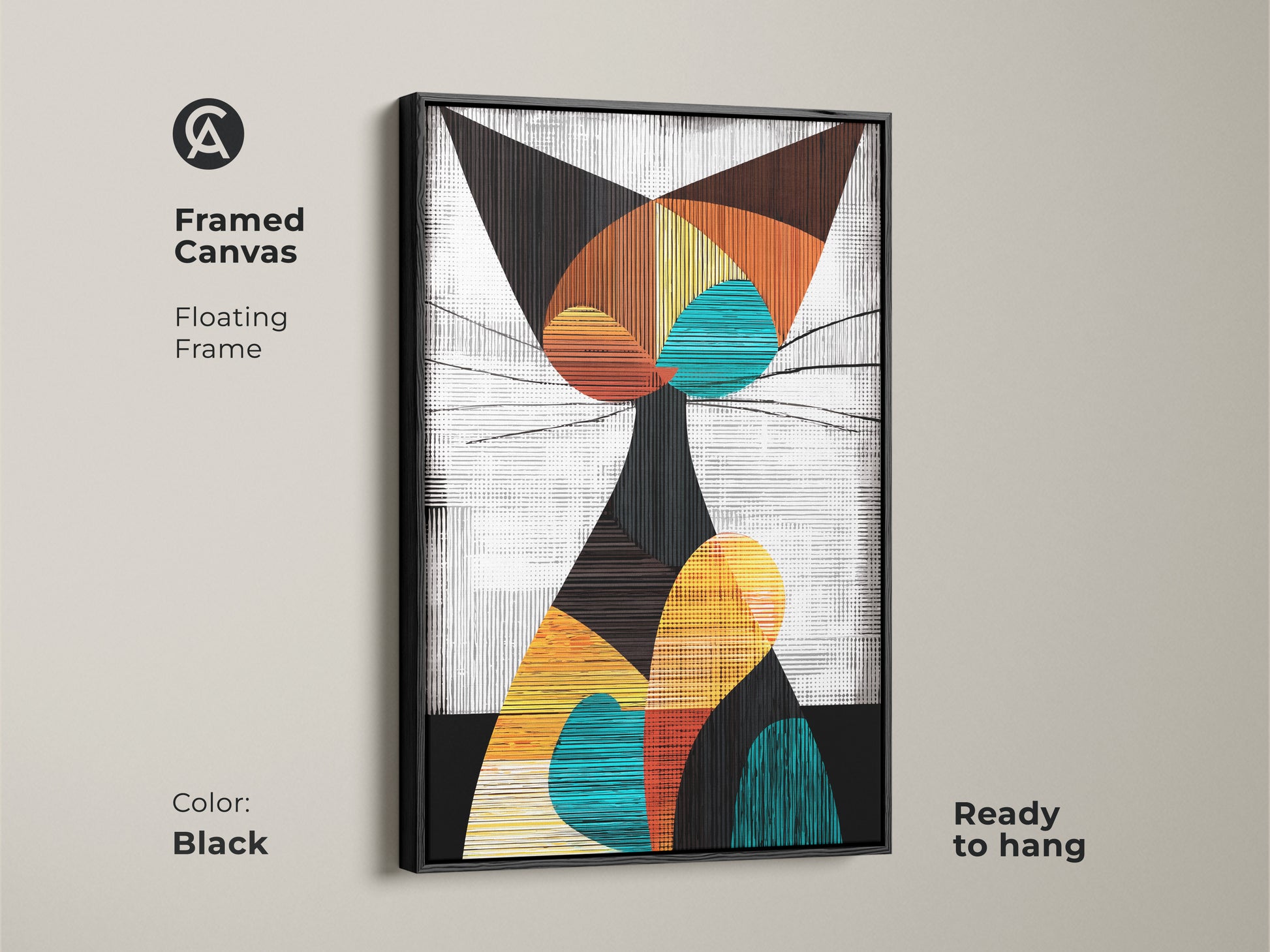 This framed canvas features a floating frame in black. The mid century modern cat art is ready to hang. It is a unique wall hanging and boho cat decor piece that enhances any space.