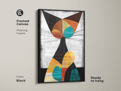 This framed canvas features a floating frame in black. The mid century modern cat art is ready to hang. It is a unique wall hanging and boho cat decor piece that enhances any space.