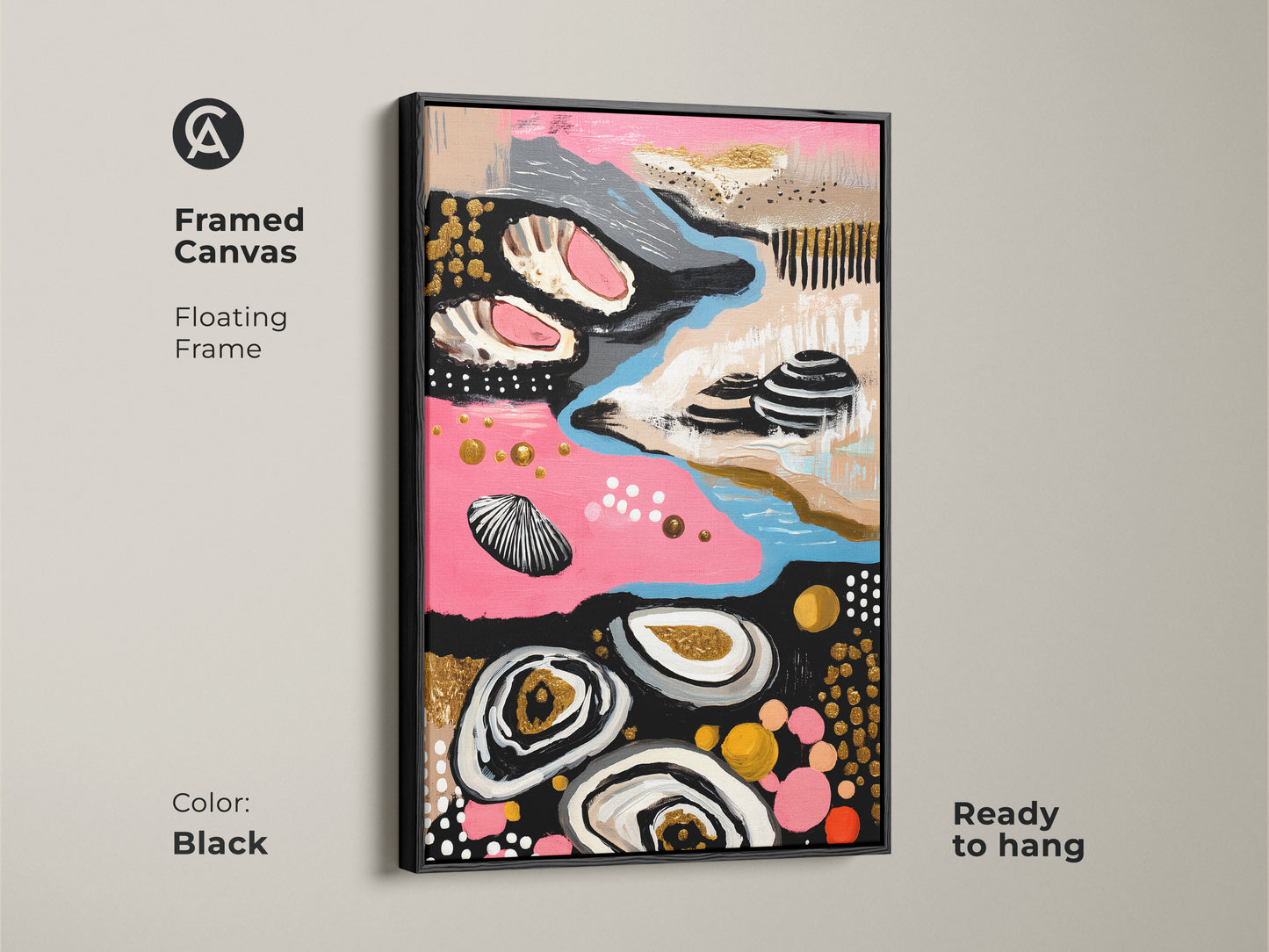 Black framed Abstract Coastal Canvas Wall Art. Pink blue and gold accents create a modern boho art piece. Enhance your residential wall art collection with this ready to hang print.