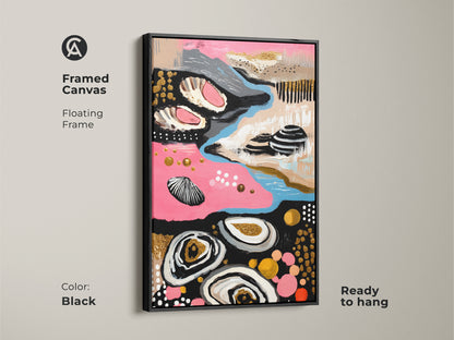 Black framed Abstract Coastal Canvas Wall Art. Pink blue and gold accents create a modern boho art piece. Enhance your residential wall art collection with this ready to hang print.