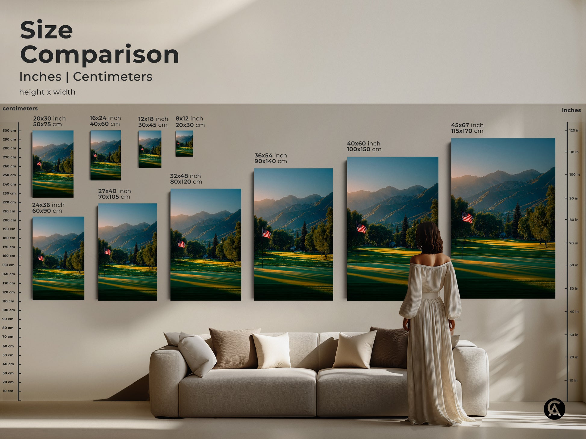 Size comparison of golf course art prints. See the artwork in inches and centimeters. Visualize the art above a couch. Various sizes available to match your decor. Find the perfect fit for your space today.
