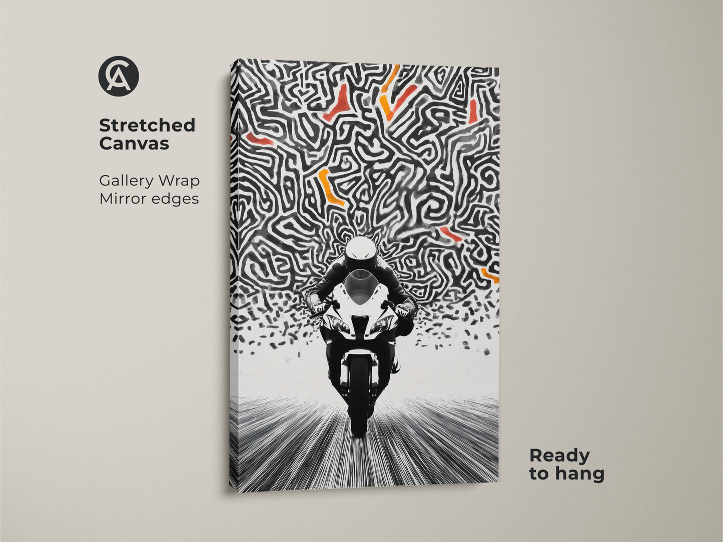 A stunning stretched canvas print of abstract motorcycle artwork. The dynamic speed maze art is gallery wrapped with mirror edges ready to hang. The black white and orange color palette creates a bold statement. Ideal for motorcycle enthusiasts and modern art collectors. Enhance your office or man cave decor.