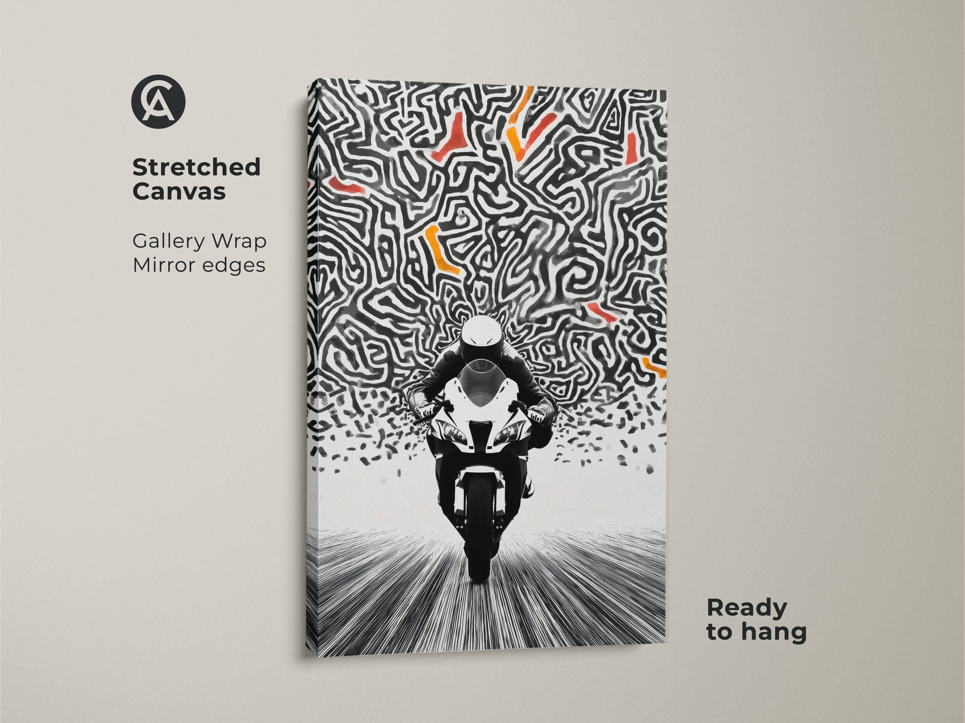 A stunning stretched canvas print of abstract motorcycle artwork. The dynamic speed maze art is gallery wrapped with mirror edges ready to hang. The black white and orange color palette creates a bold statement. Ideal for motorcycle enthusiasts and modern art collectors. Enhance your office or man cave decor.