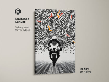 A stunning stretched canvas print of abstract motorcycle artwork. The dynamic speed maze art is gallery wrapped with mirror edges ready to hang. The black white and orange color palette creates a bold statement. Ideal for motorcycle enthusiasts and modern art collectors. Enhance your office or man cave decor.
