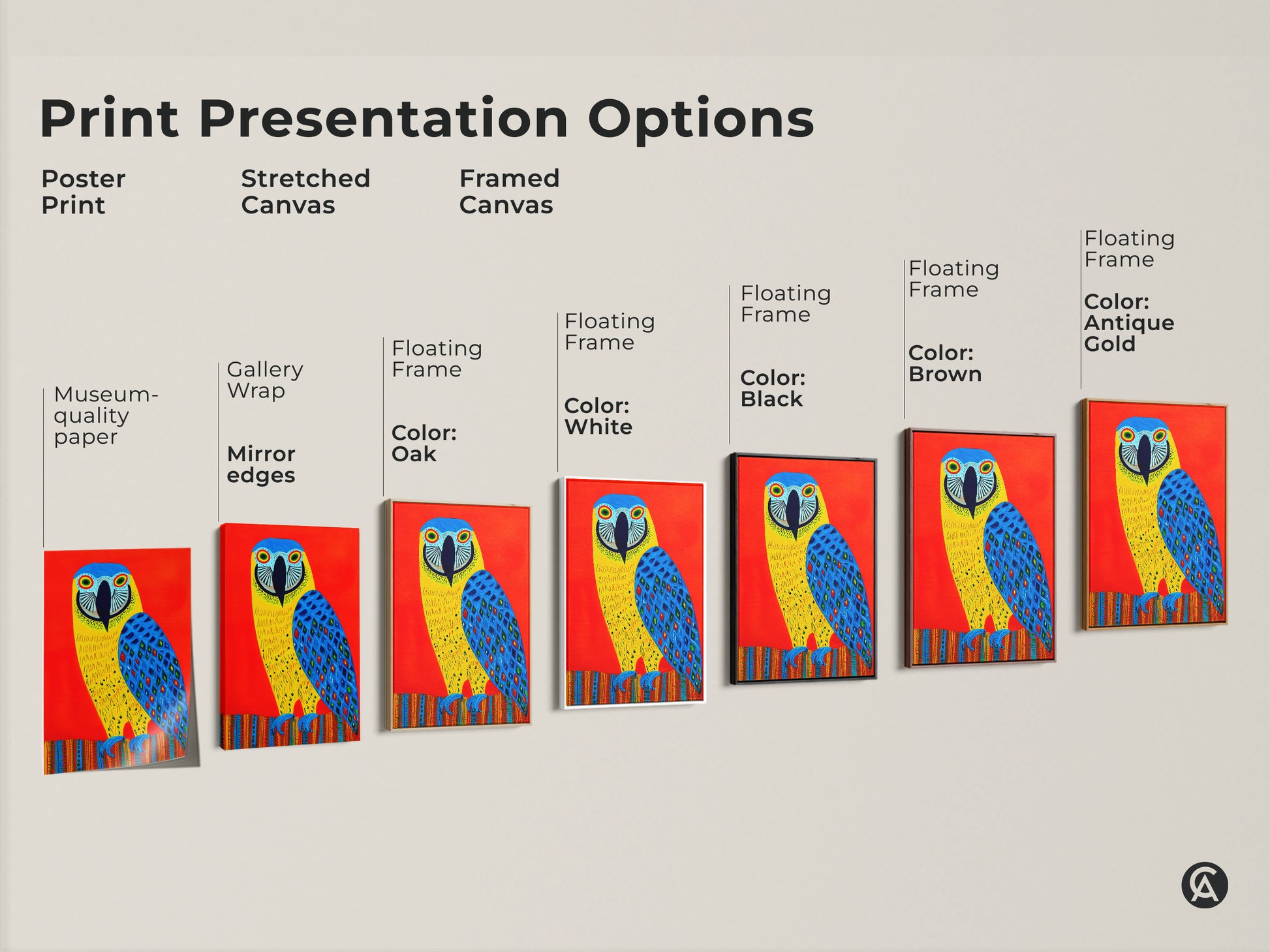 Explore print presentation options with this folk art macaw. See poster stretched and framed canvas choices. Museum-quality paper with vibrant tropical bird artwork. Perfect exotic home decor.