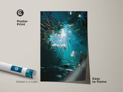 Poster print of coastal kelp artwork. This deep blue fish canvas print is rolled in a tube. It is easy to frame. This marine life canvas print is perfect for ocean-themed rooms.