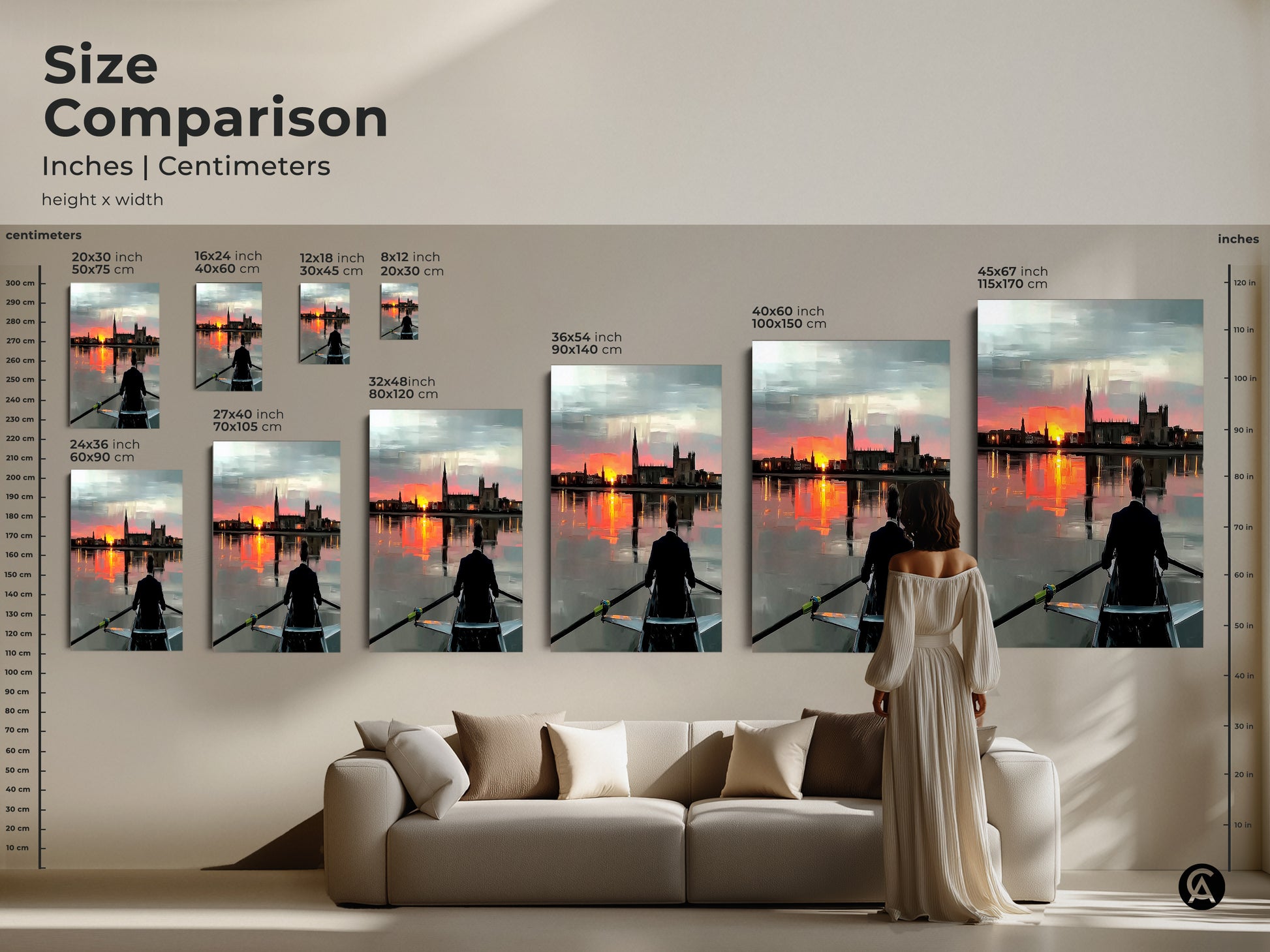 A size comparison guide shows rowing sunset artwork in various sizes. It provides a visual comparison in inches and centimeters. The art is displayed above a sofa. It helps understand the scale of the canvas or poster. Choose the perfect size for your space. Impressionistic landscape perfect for modern decor.