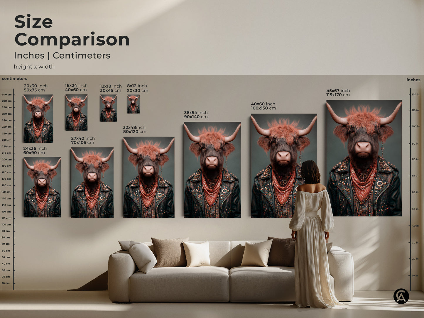 Size comparison of the highland cow with biker jacket art in various dimensions. See how this cool animal art fits above a couch and the impact of each size. Perfect for planning your eclectic wall decor.