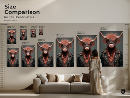 Size comparison of the highland cow with biker jacket art in various dimensions. See how this cool animal art fits above a couch and the impact of each size. Perfect for planning your eclectic wall decor.