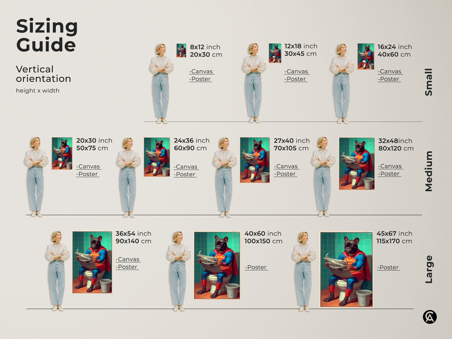 A sizing guide showing the French Bulldog superhero art in various vertical orientations and sizes. From small 8x12 inch to large 45x67 inch options. Available as canvas or poster print. Visualize how this eclectic bathroom wall art fits into your space. It is perfect for dog lovers seeking quirky home decor