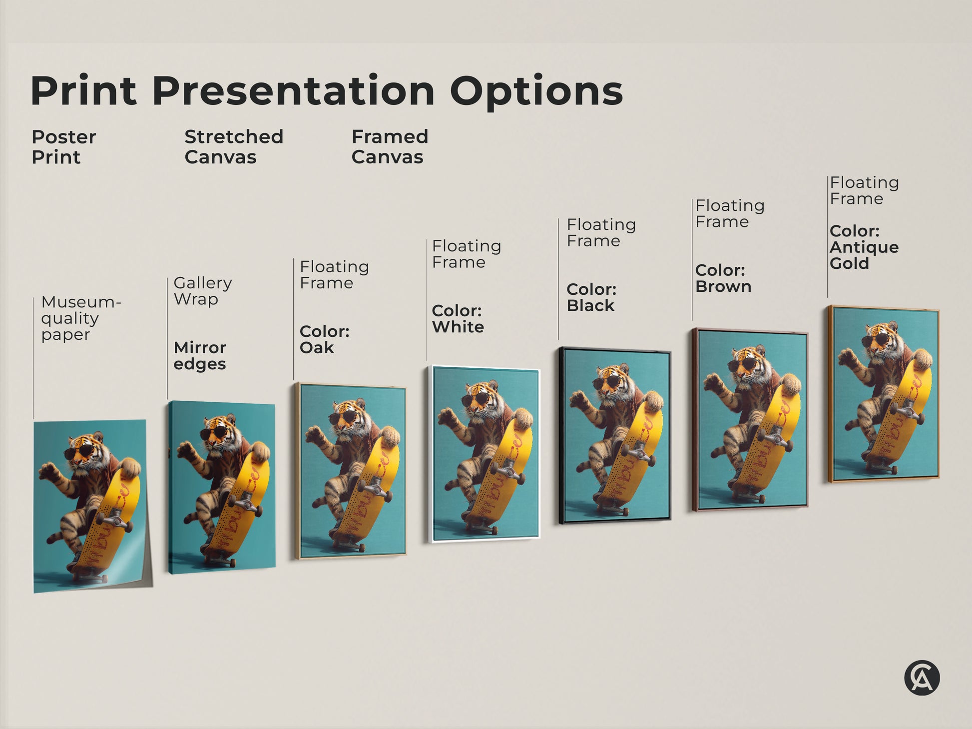Explore print presentation options. See the tiger skateboarder artwork in poster stretched and framed canvas. Discover museum quality paper with floating frames. A great modern animal art choice.