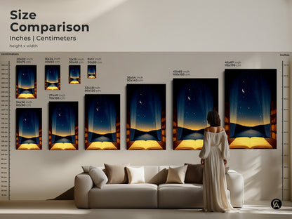 A size comparison of surreal open book art prints and canvas. Various sizes of artwork are displayed above a sofa. This conceptual art makes a statement in any room. Choose the perfect size for your space.
