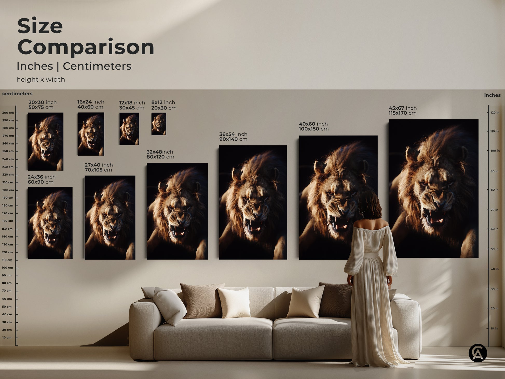 Size comparison for the lion face wall art in inches and centimeters. See how the sizes compare with a sofa and a person. Available from small to large sizes. Perfect as modern wildlife home decor or a striking focal point in living rooms.