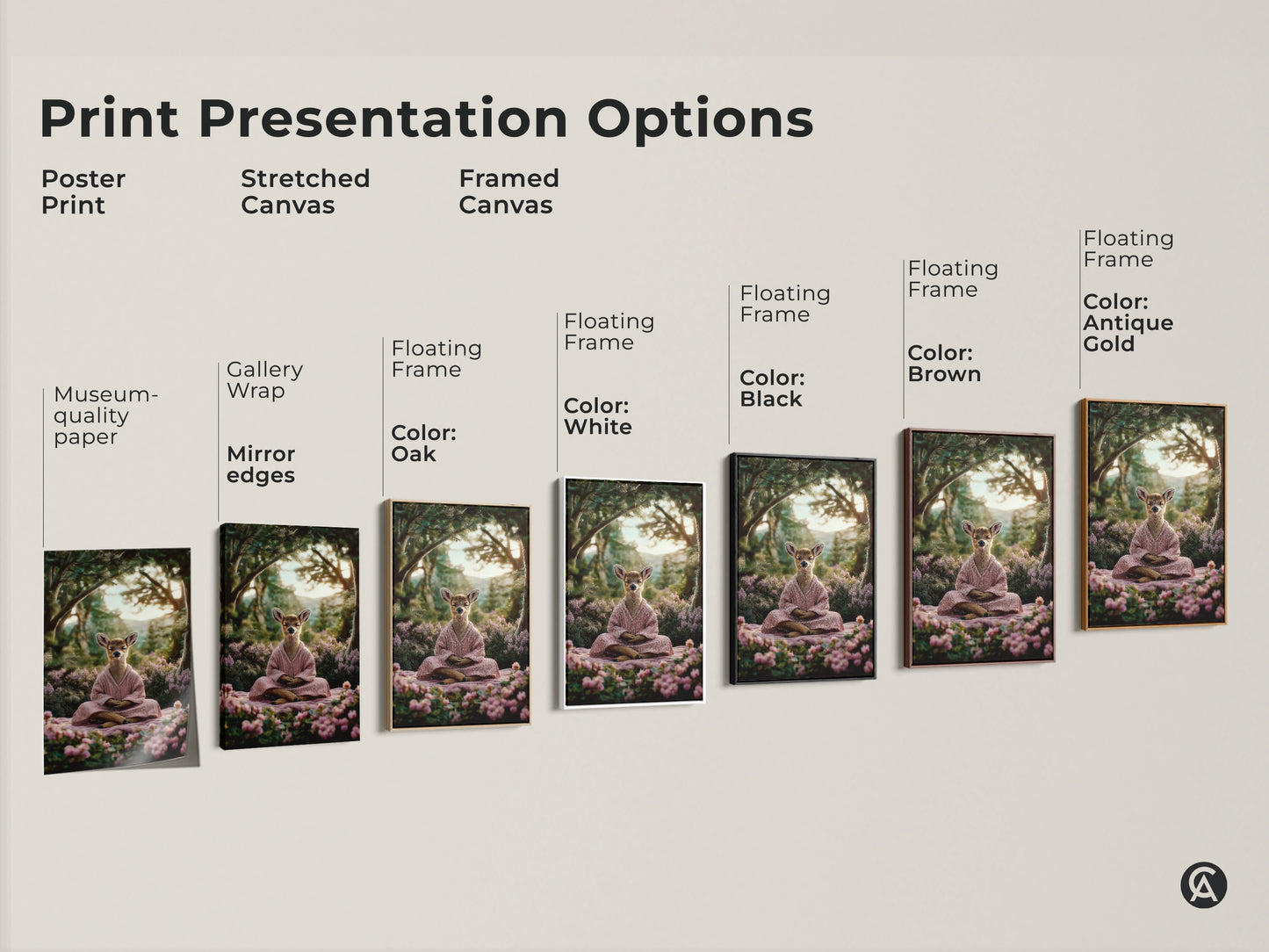 Explore presentation options for forest meditation deer art print. Choices include poster print stretched canvas and framed canvas. Find the perfect serene deer canvas print for your space.