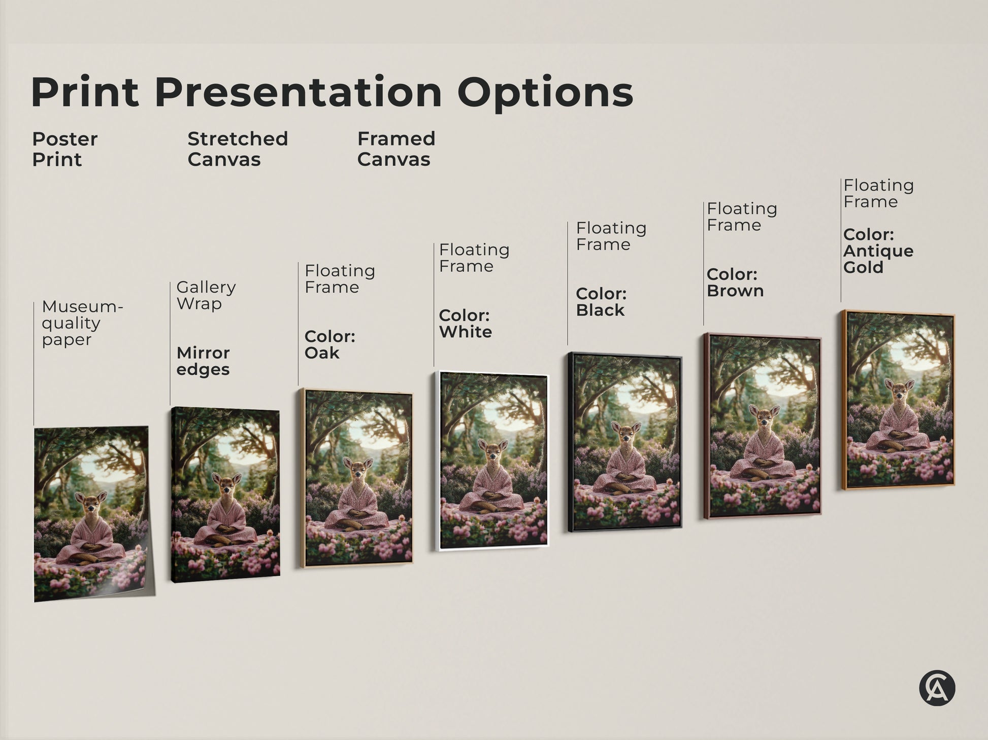 Explore presentation options for forest meditation deer art print. Choices include poster print stretched canvas and framed canvas. Find the perfect serene deer canvas print for your space.