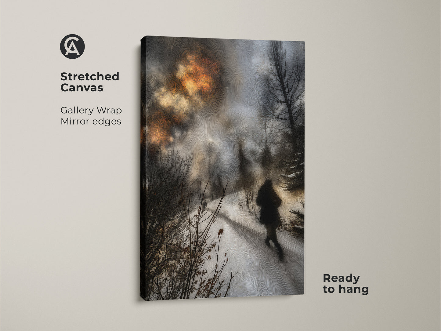 Stretched canvas print showcases a winter landscape art with a hiker. The gallery wrap and mirror edges add a modern touch. Ready to hang this nature artwork is ideal as a gift.