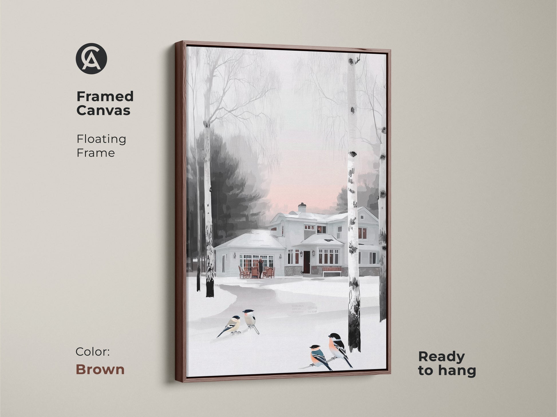 Framed canvas artwork portraying a winter scene with house covered in snow. Birds near birch trees bring a touch of life to this impressionistic piece. Brown floating frame complements the farmhouse style decor. Ready to hang wall art.