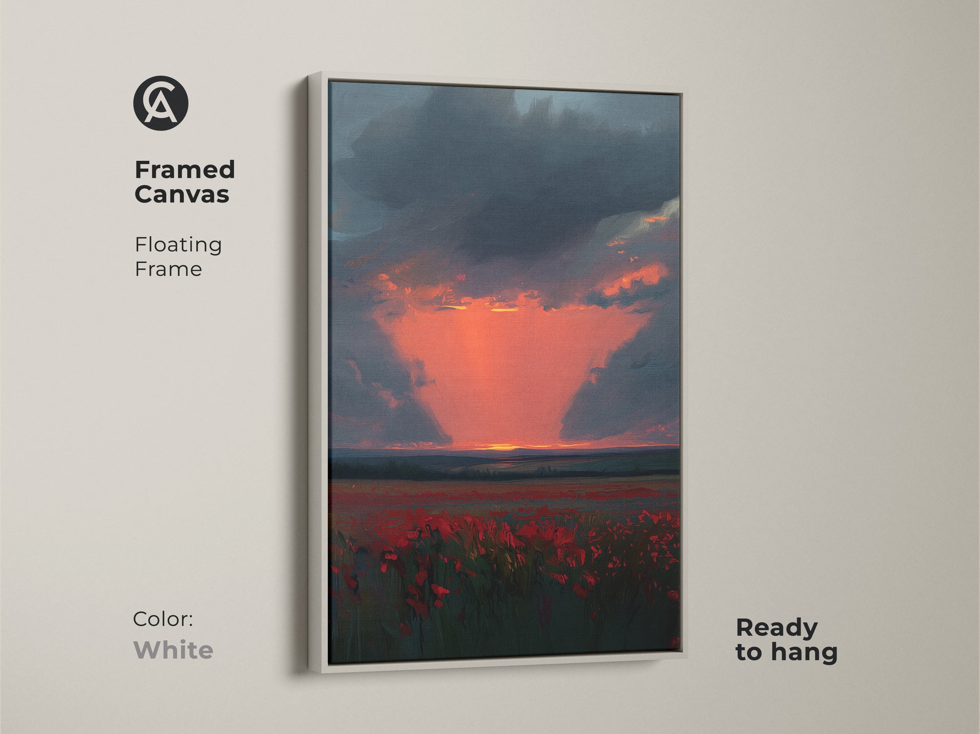 Framed Canvas of a Crimson Poppy Field at Sunset. The frame color is white. It features a floating frame. The clean lines and bright colors complement any decor. It is ready to hang for effortless style.