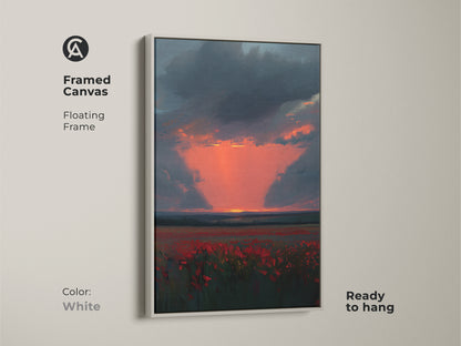 Framed Canvas of a Crimson Poppy Field at Sunset. The frame color is white. It features a floating frame. The clean lines and bright colors complement any decor. It is ready to hang for effortless style.