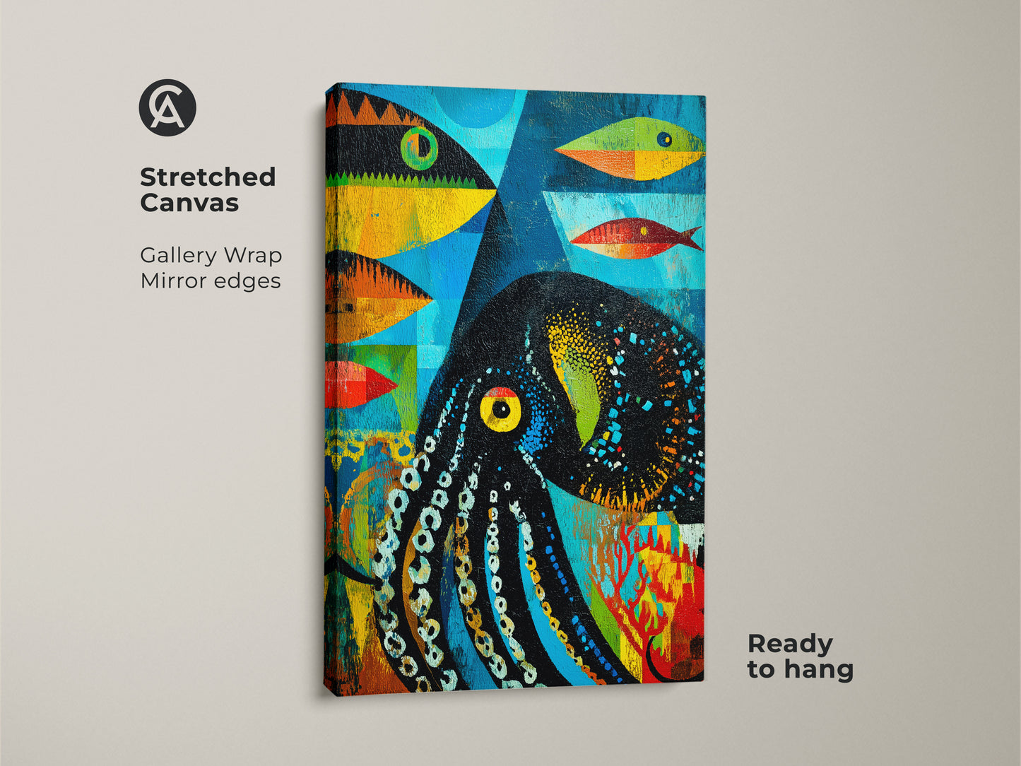 Stretched canvas print of an abstract octopus and fish in vibrant teal orange and blue hues. Gallery wrapped with mirrored edges and ready to hang. This eclectic wall decor adds a modern touch to any room with its bold ocean theme.