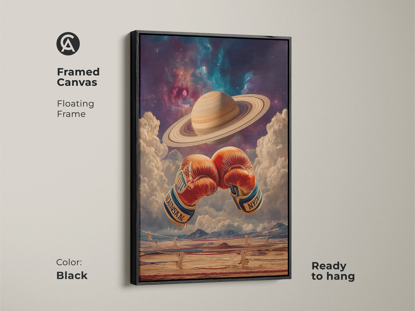 Black framed canvas art. Boxing gloves float in space. Surreal wall art of Saturn. Ready to hang for instant decor. Motivational art for an office. A sci-fi gift that blends sports and cosmic themes. Ideal for workout room.