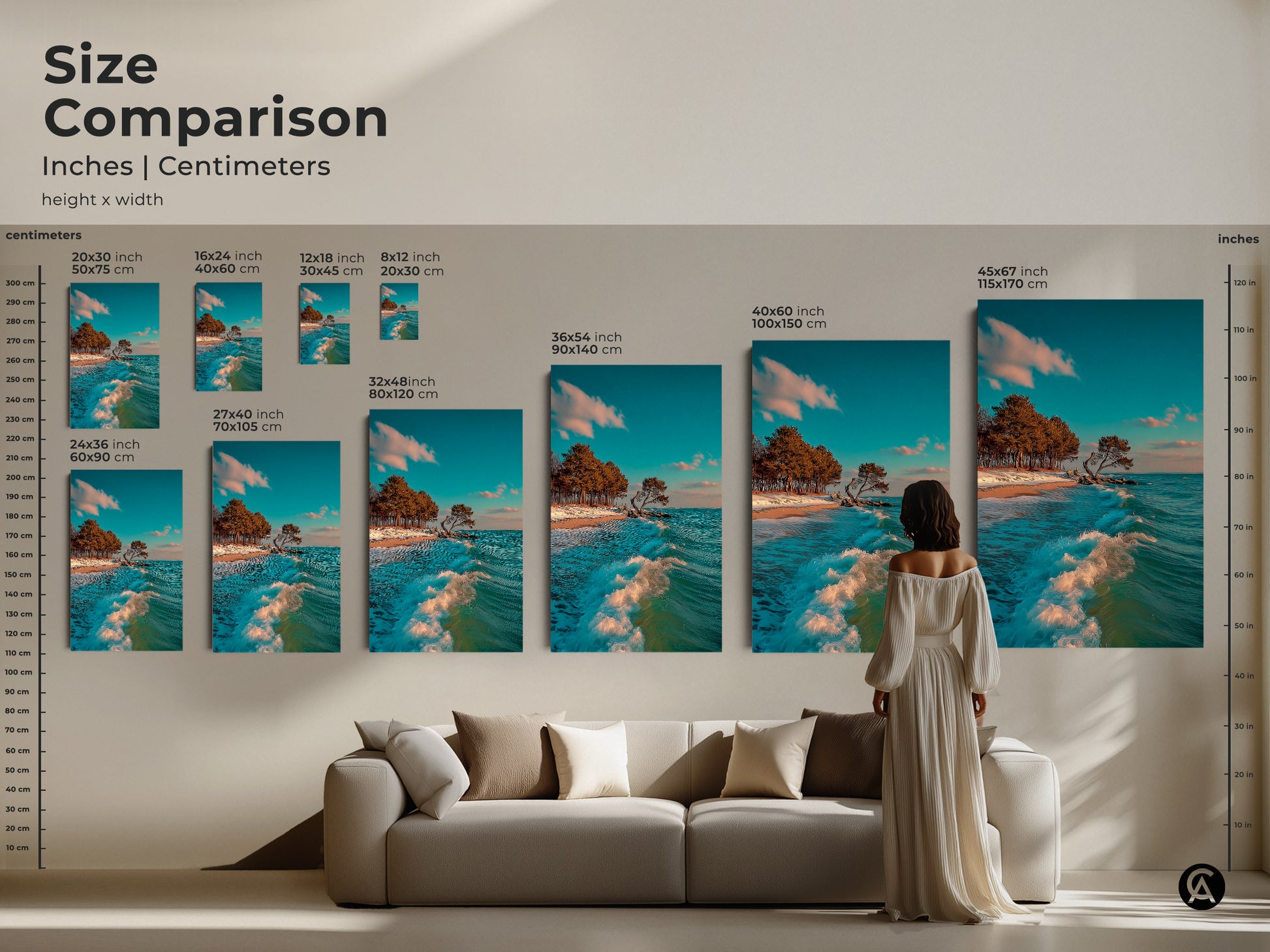 Size comparison of teal blue ocean wave art in inches and centimeters. See how different sizes fit above a couch. Visualize the impact of 8x12 to 45x67 inch prints. Perfect for planning your coastal beach landscape wall decor. This artwork enhances any living space with its serene beauty.