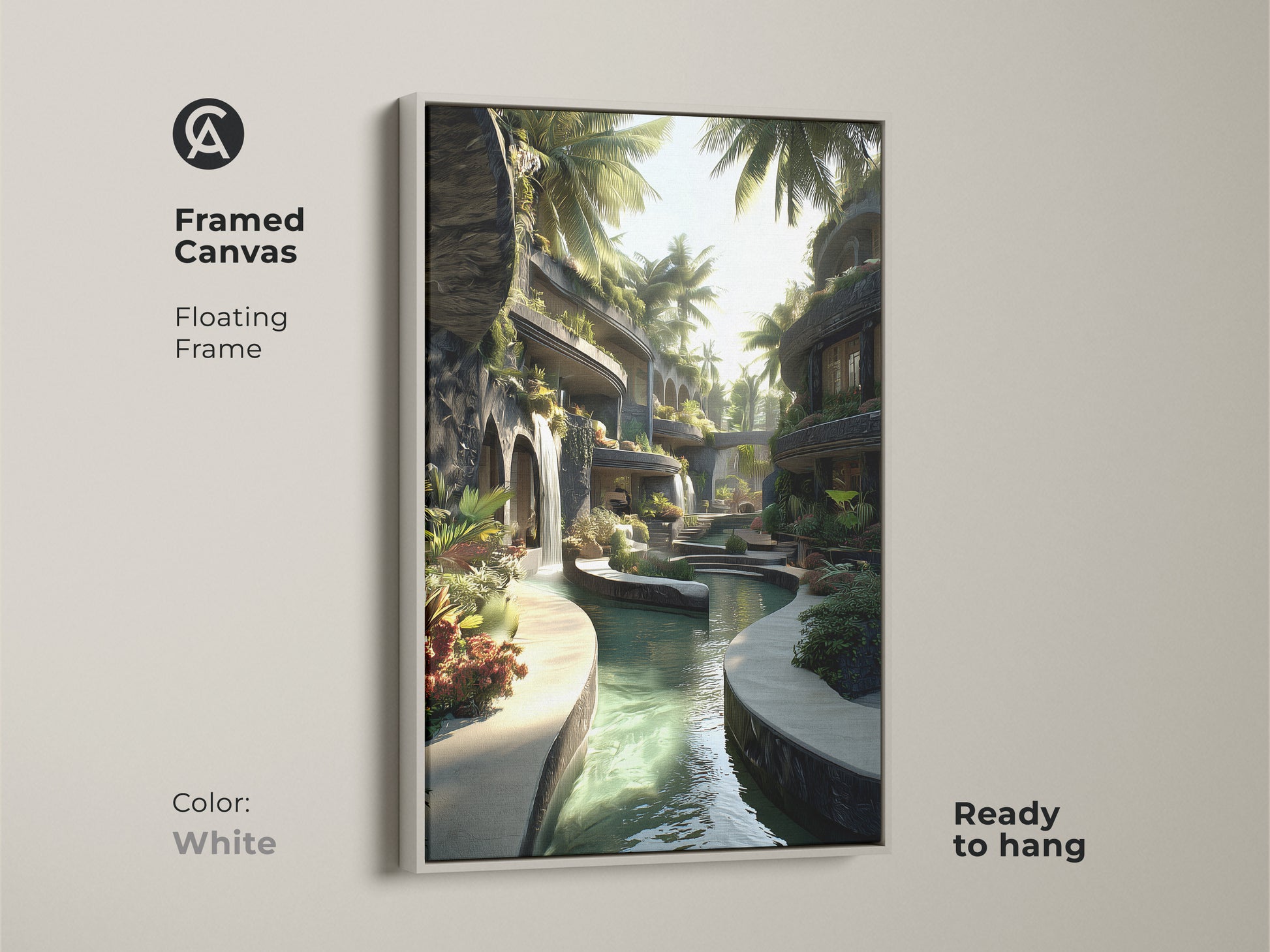 Framed canvas print of a tropical resort scene. A white floating frame surrounds the biophilic artwork. Waterfall and palm tree elements bring nature indoors. This green and blue art is ready to hang. Perfect for a serene bedroom or living room. Ideal for eclectic wall decor.