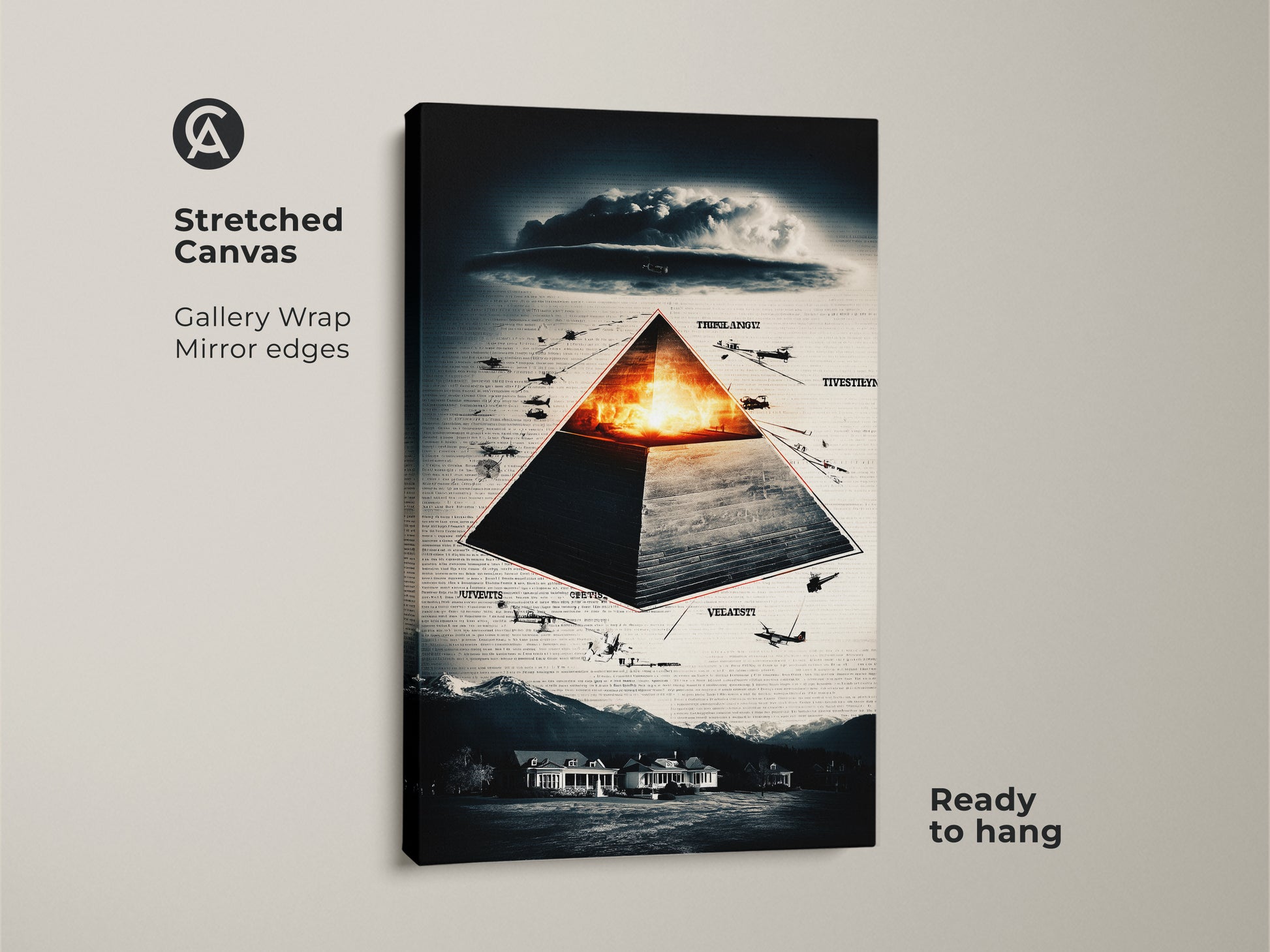 Stretched canvas art featuring a surreal pyramid and aircraft. This gallery-wrapped piece has mirrored edges for a clean look. The artwork displays symbolic elements and embodies surrealist style. Deep blue orange & gray palette make it ideal office decor. This unique piece is a gift for conspiracy theorists.