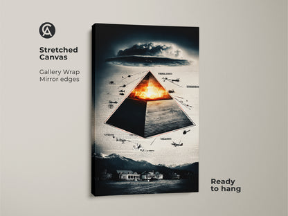 Stretched canvas art featuring a surreal pyramid and aircraft. This gallery-wrapped piece has mirrored edges for a clean look. The artwork displays symbolic elements and embodies surrealist style. Deep blue orange & gray palette make it ideal office decor. This unique piece is a gift for conspiracy theorists.