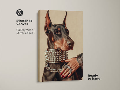 This gallery-wrapped stretched canvas features a Doberman with a spiked collar. It arrives ready to hang with mirror edges for a sleek look. It makes a bold statement as eclectic home decor. Ideal as Doberman wall art or as a thoughtful gift for the dog dad.
