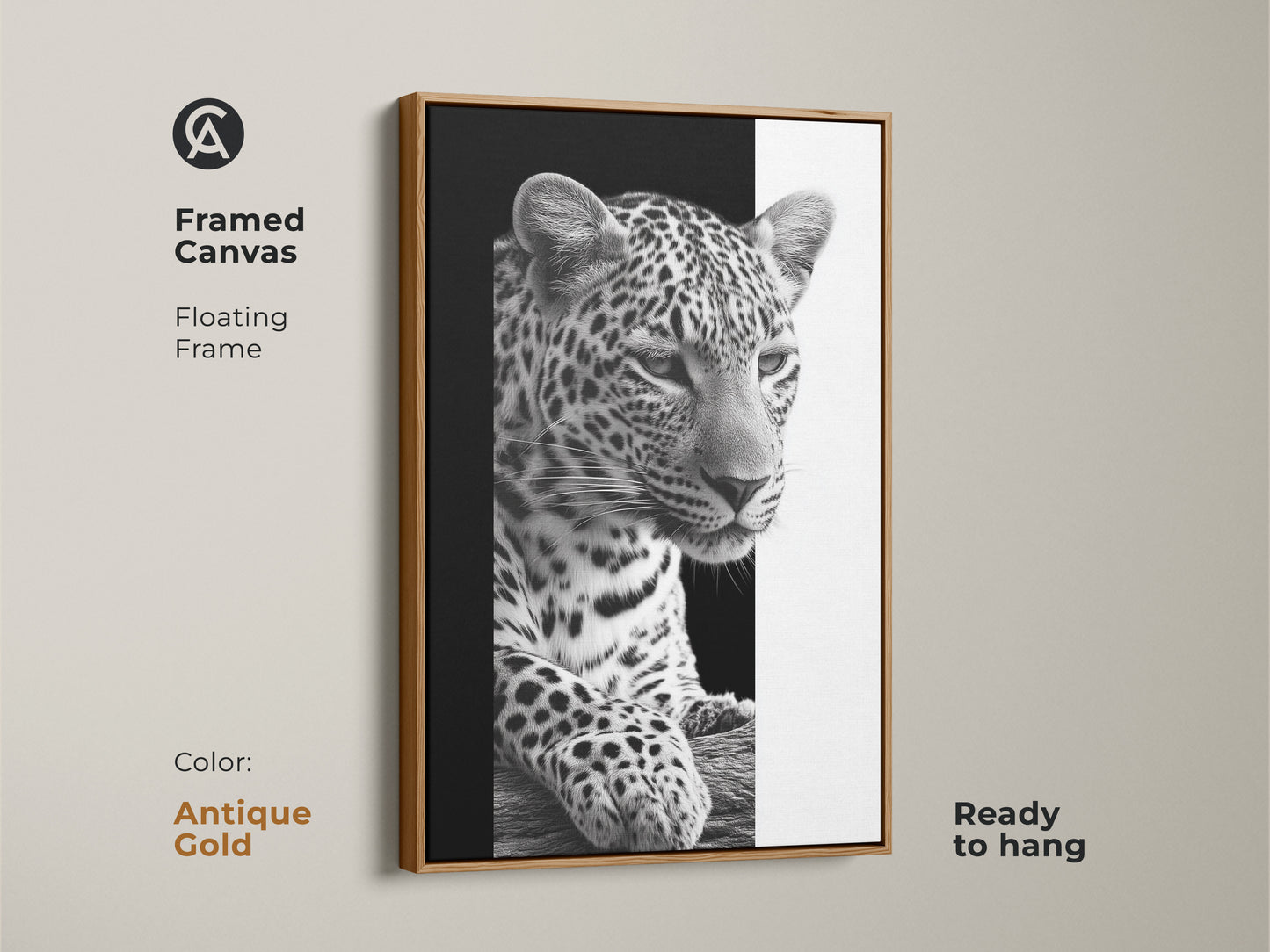 A framed canvas featuring a monochrome leopard. This floating frame comes in antique gold and is ready to hang. A black and white wildlife art piece offering contemporary animal decor. Ideal as bedroom wall art or living room art. A thoughtful gift for animal lovers to elevate their space.