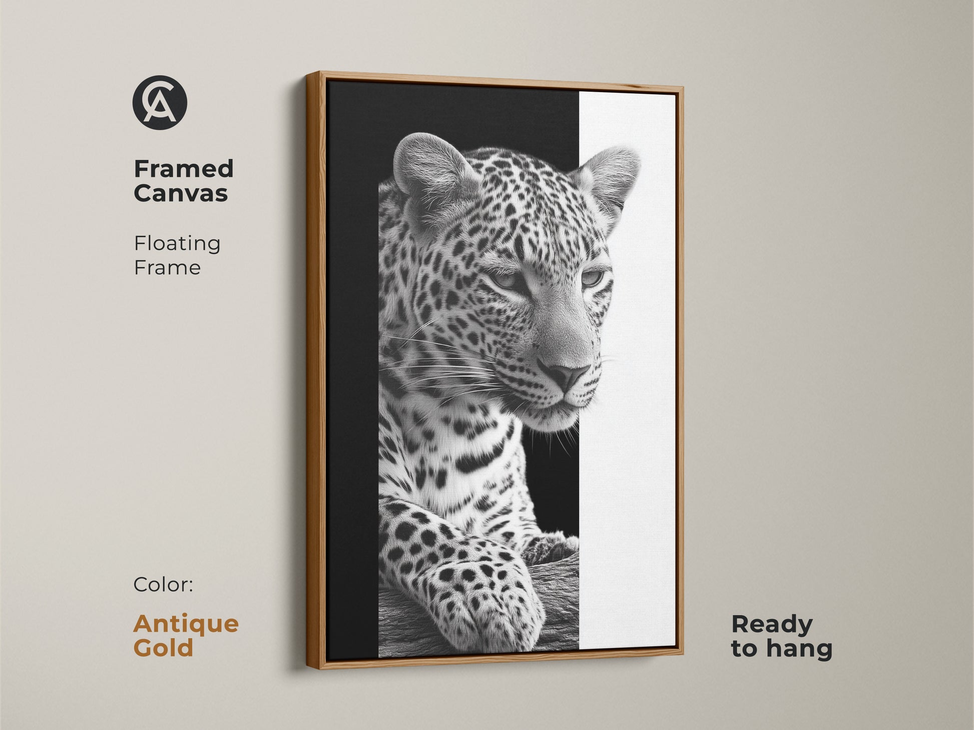 A framed canvas featuring a monochrome leopard. This floating frame comes in antique gold and is ready to hang. A black and white wildlife art piece offering contemporary animal decor. Ideal as bedroom wall art or living room art. A thoughtful gift for animal lovers to elevate their space.