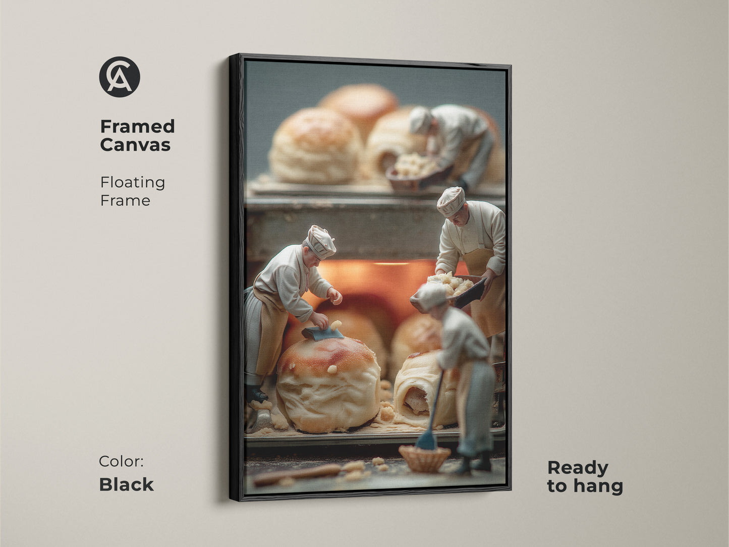 Framed canvas art print showing miniature chefs creating pastries. The artwork has a black floating frame adding a sophisticated touch. This piece is ready to hang and is perfect for any room. Enhance your space with this unique art.