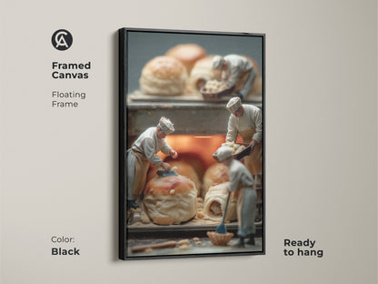 Framed canvas art print showing miniature chefs creating pastries. The artwork has a black floating frame adding a sophisticated touch. This piece is ready to hang and is perfect for any room. Enhance your space with this unique art.