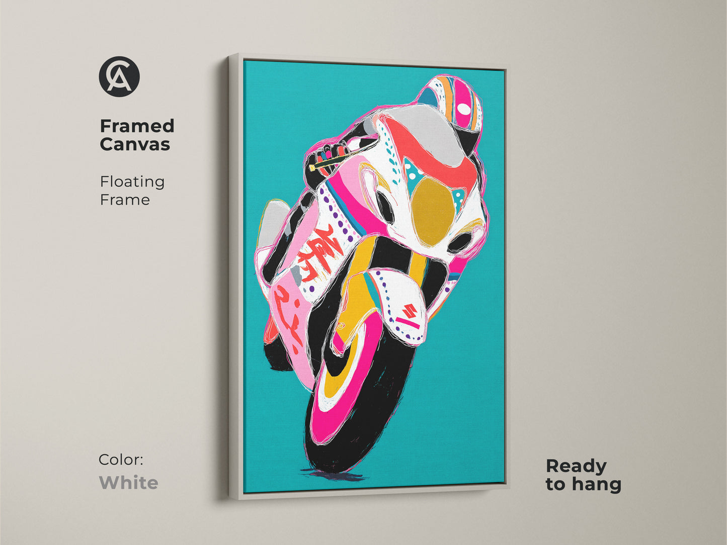 Graffiti racer canvas art with a white floating frame. Modern teal abstract wall art ready to hang. This pop art motorcycle print is perfect for eclectic home decor. A vibrant and unique gift for any motorsport enthusiast or F1 fan looking for man cave art.