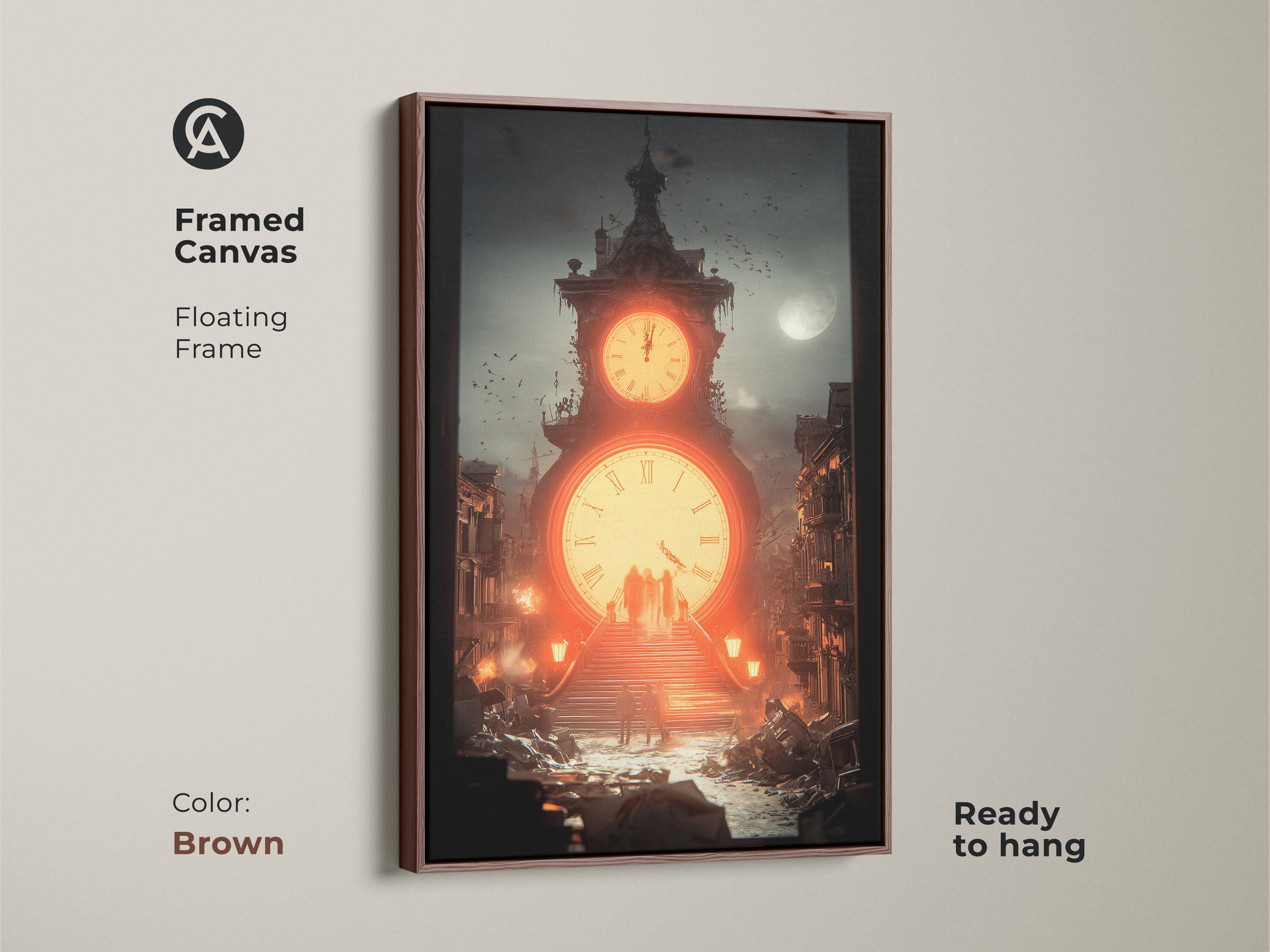 Showcasing a brown floating frame this canvas print features a surreal clock tower scene. This steampunk wall art is ready to hang. The industrial style is great for office or home.