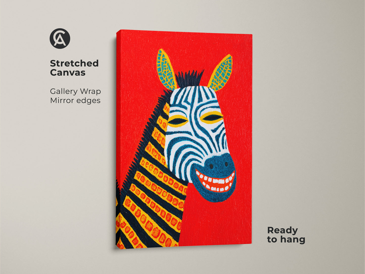 Close-up of an abstract zebra stretched canvas print. It is ready to hang with gallery wrapped mirror edges. The colorful folk art adds charm. Perfect for kids rooms or nursery wall decor. This vibrant red artwork makes a happy birthday gift