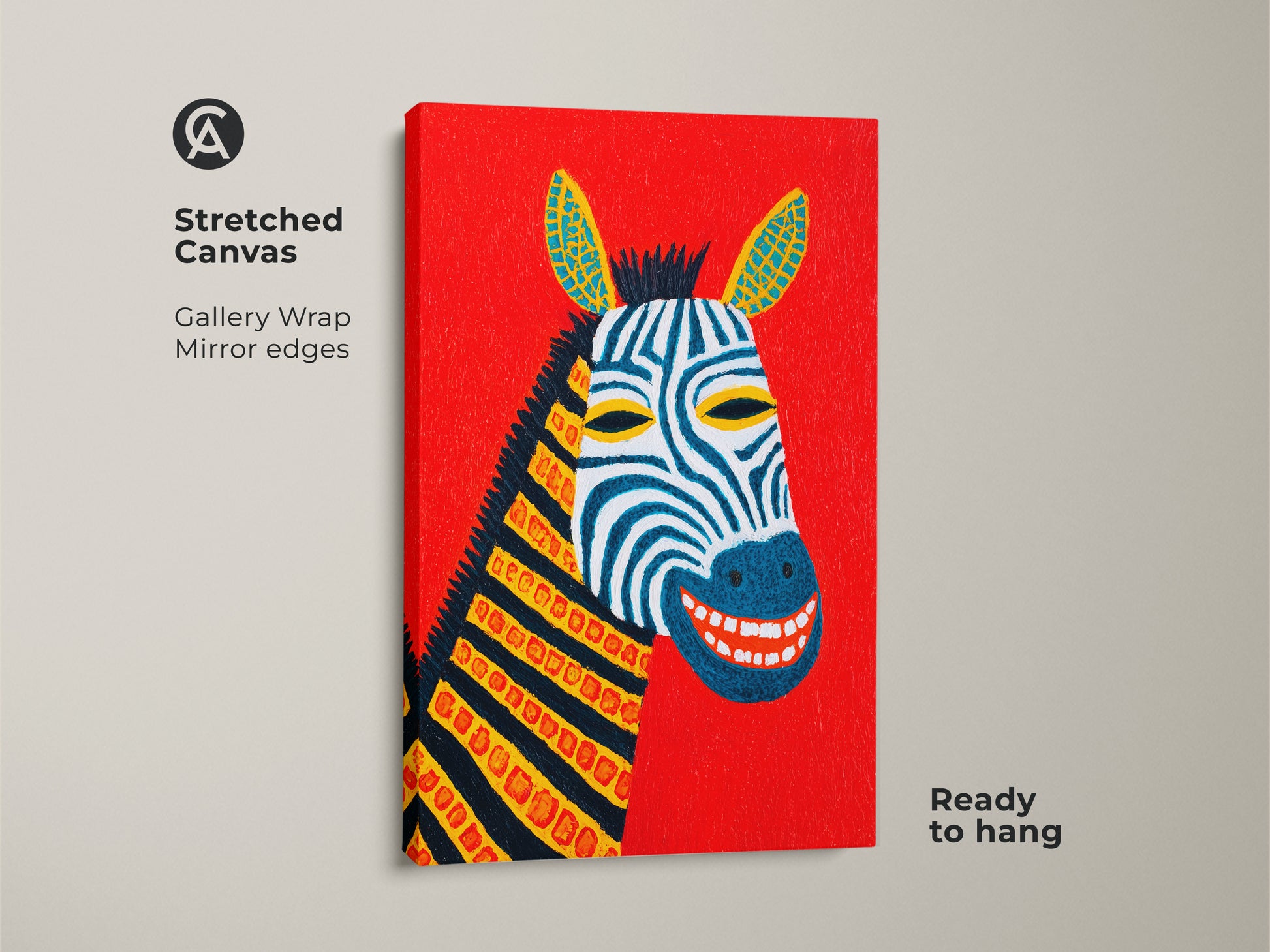 Close-up of an abstract zebra stretched canvas print. It is ready to hang with gallery wrapped mirror edges. The colorful folk art adds charm. Perfect for kids rooms or nursery wall decor. This vibrant red artwork makes a happy birthday gift