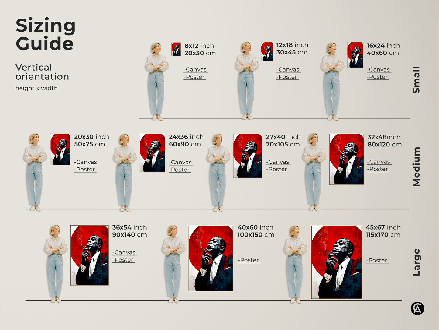 Sizing guide for vertical jazz musician wall art canvas and posters. Visualize small medium and large sizes in inches and cm. This black white crimson abstract art fits any space. The perfect art for music lovers.