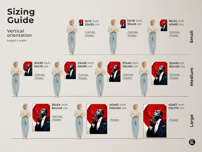 Sizing guide for vertical jazz musician wall art canvas and posters. Visualize small medium and large sizes in inches and cm. This black white crimson abstract art fits any space. The perfect art for music lovers.