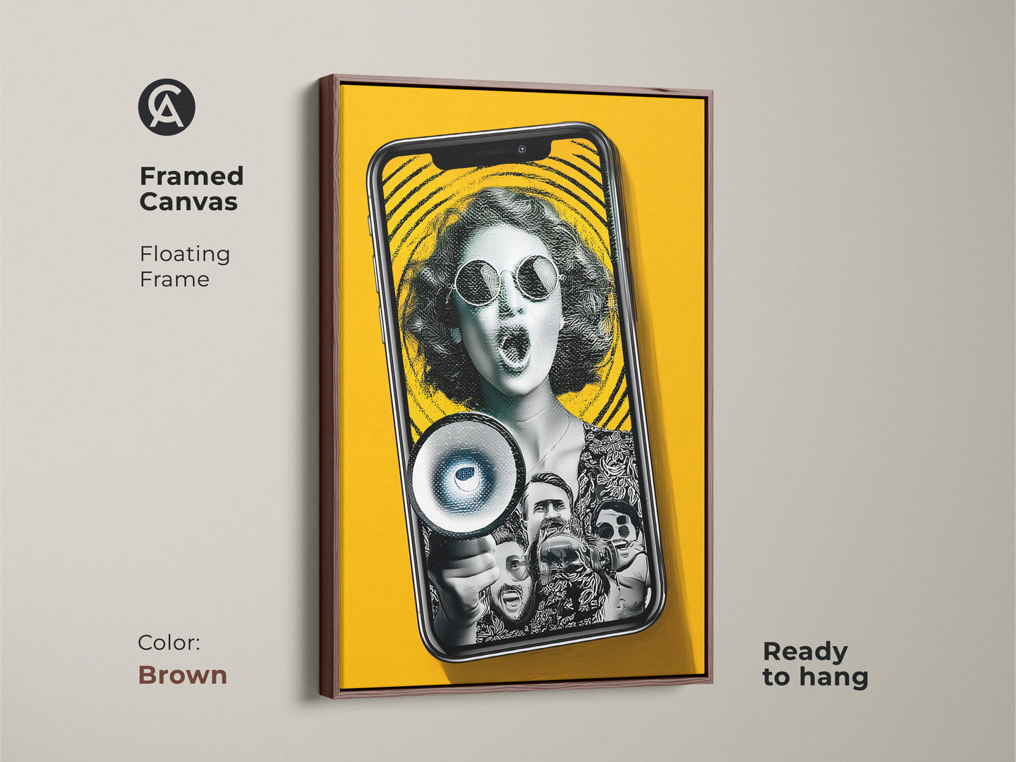 Framed canvas floating frame in brown showcasing the pop art collage. This artwork features a woman with a megaphone. The social activism art is ready to hang. It's vibrant office art. It will enhance creative workspace decor.