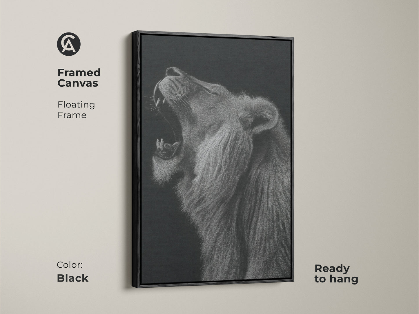Framed canvas featuring a floating frame in black. See the monochrome wildlife wall decor that is ready to hang. Roaring lion artwork that makes a bold statement. The animal portrait print elevates your bedroom wall art. Discover modern animal decor in black and white.