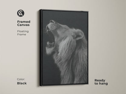Framed canvas featuring a floating frame in black. See the monochrome wildlife wall decor that is ready to hang. Roaring lion artwork that makes a bold statement. The animal portrait print elevates your bedroom wall art. Discover modern animal decor in black and white.