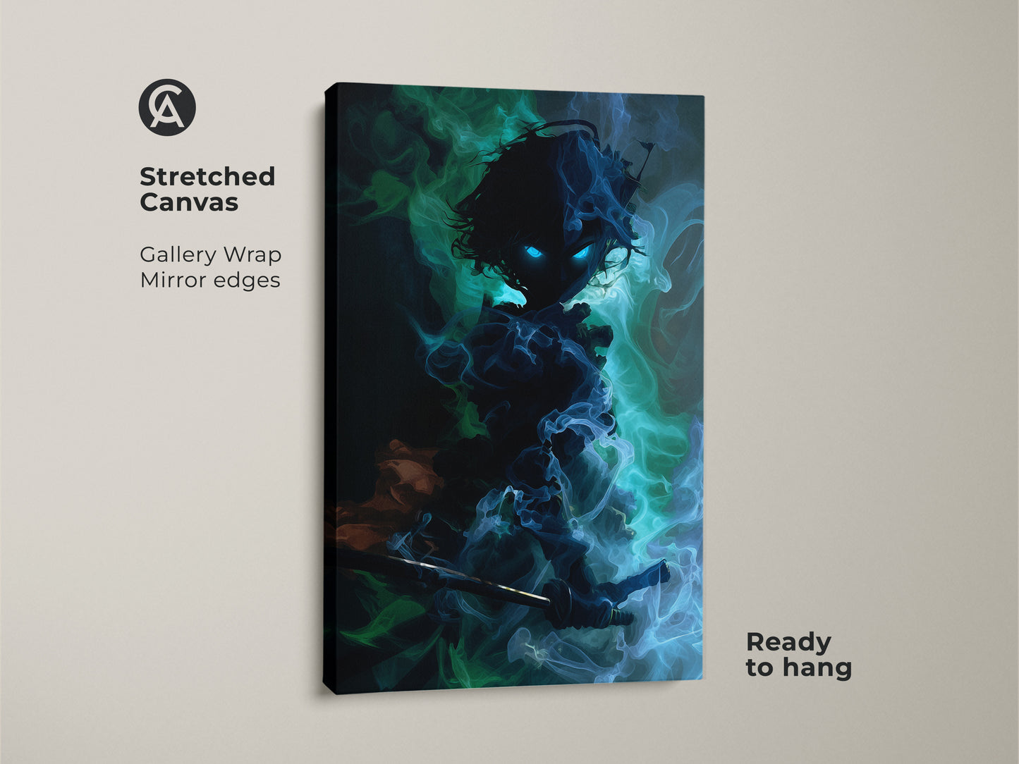 Stretched canvas gallery wrap of a dark fantasy warrior demon. The mirror edges highlight the blue green teal abstract. Ready to hang this canvas adds anime flair.