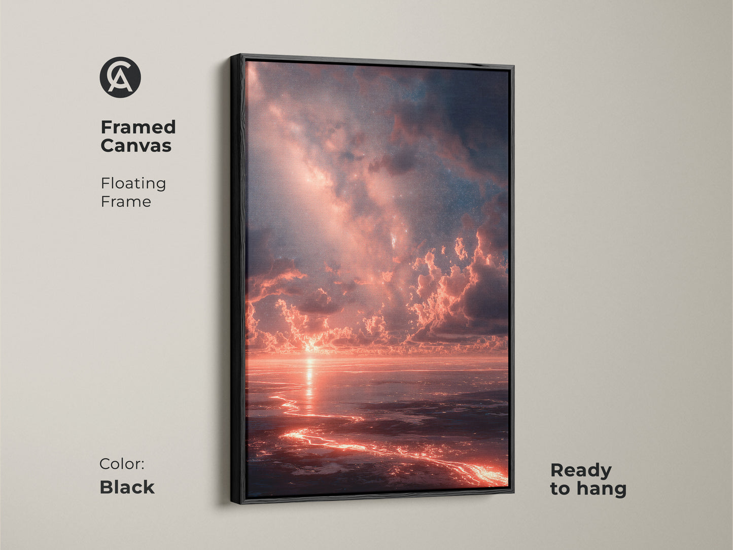 Black framed canvas art print featuring a dramatic ocean sunset. The floating frame adds a touch of sophistication. Ready to hang this artwork brings a sense of tranquility and beauty to any room. Enhance your home decor with this stunning piece.