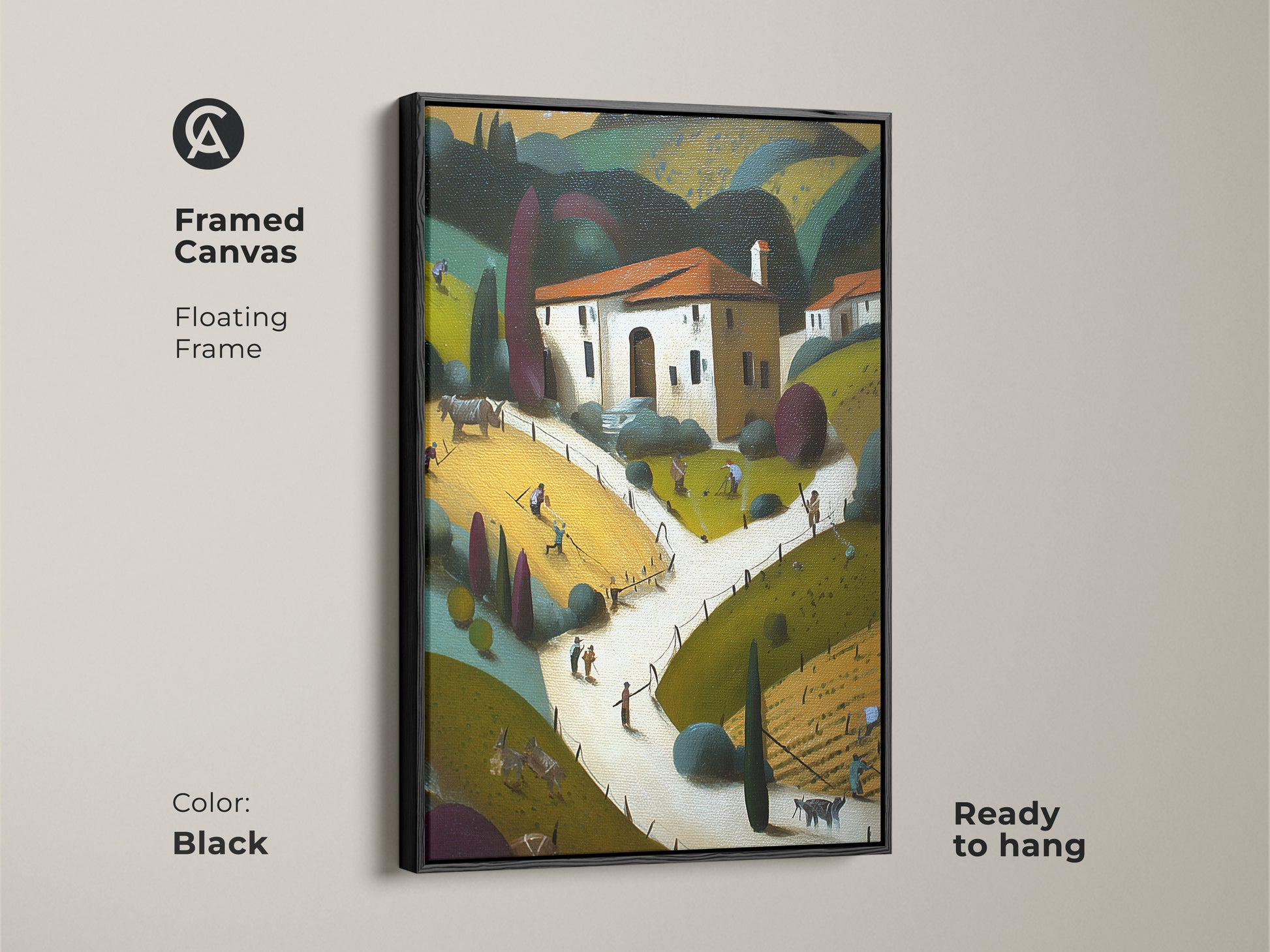 Framed canvas with a floating black frame showcasing folk art farmhouse artwork. The yellow orange green rural art enhances this stylized countryside scene. It is ready to hang as residential wall decor. The pastoral landscape canvas adds rustic charm to any home. A great art for new homeowners.
