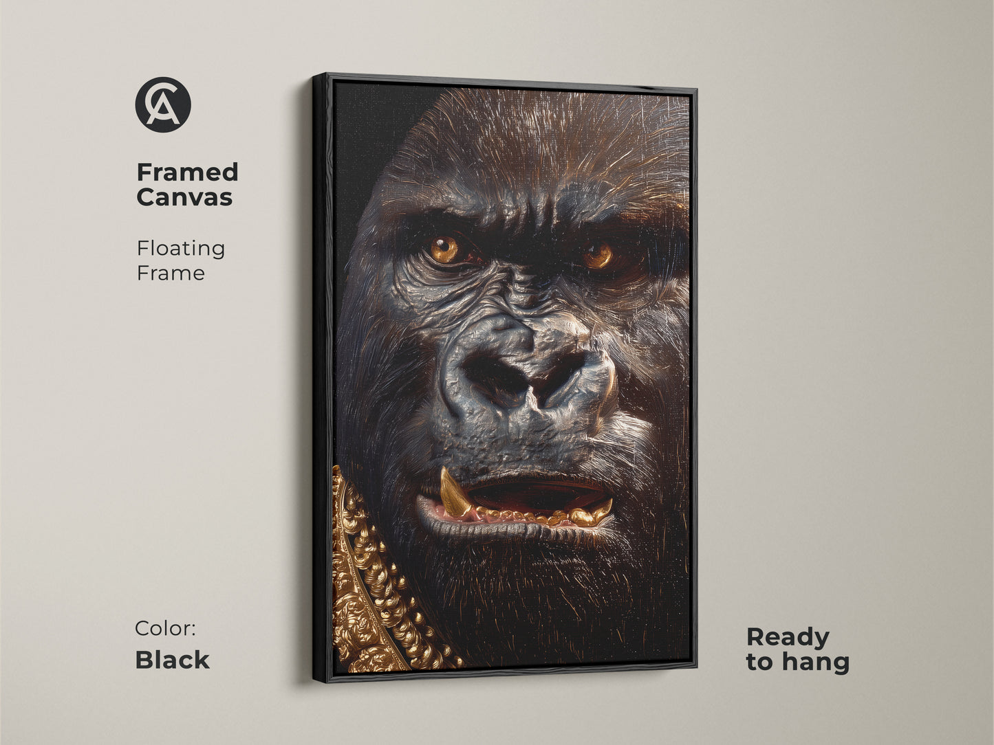 Framed canvas of a gorilla with a gold chain. The frame is black and floating. This artwork is ready to hang. Shop framed animal art in black frames now.