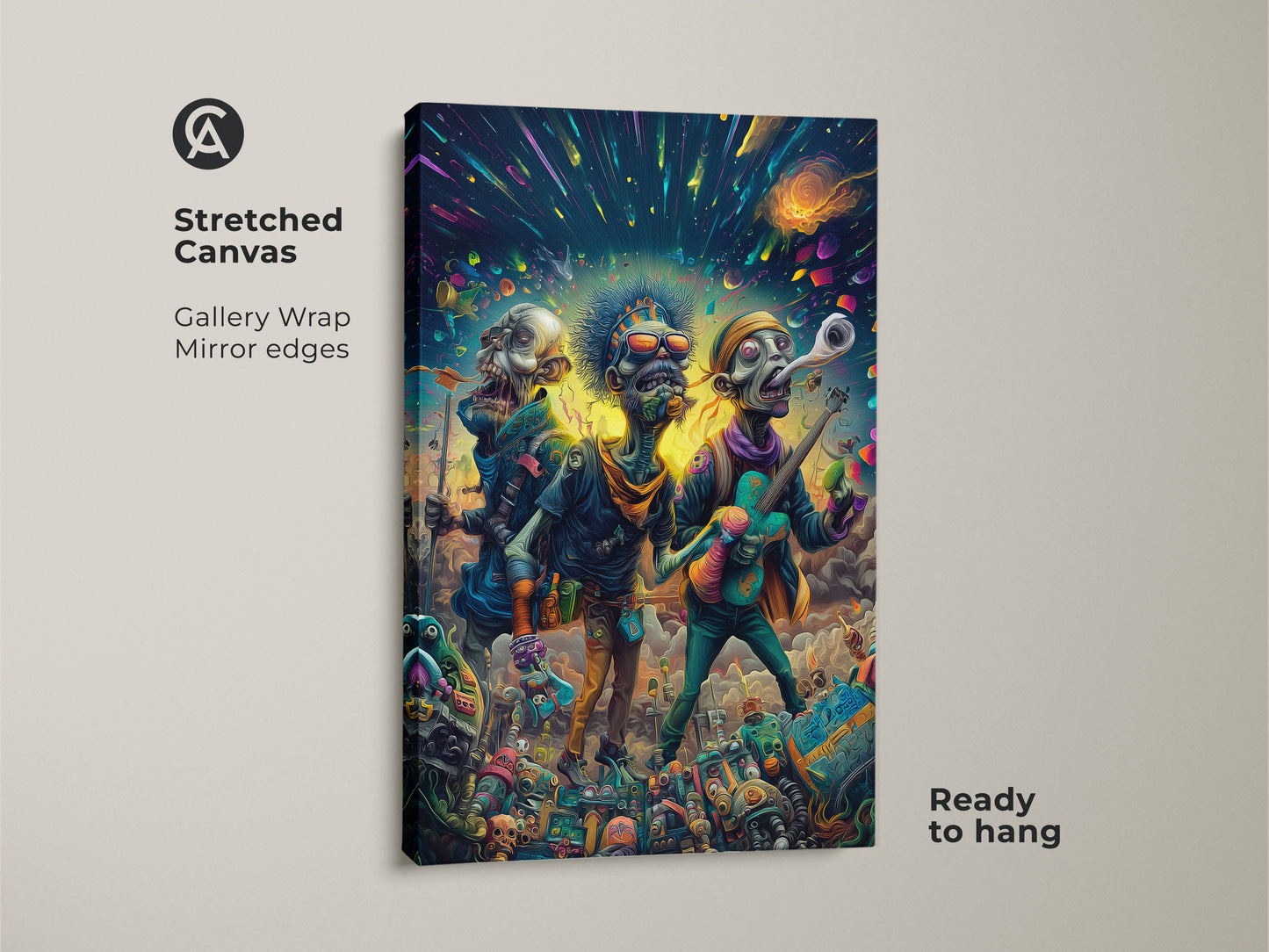 Stretched canvas print featuring a zombie band. The artwork showcases three undead musicians performing under a colorful cosmic sky. Gallery wrapped with mirrored edges this canvas is ready to hang. A perfect blend of music and macabre for any art collector.