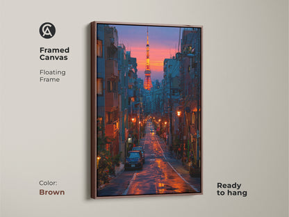 Framed canvas art print of the Tokyo cityscape with a brown floating frame. This urban scene decor features deep blue and striking orange tones. A perfect contemporary home gift. The tower is a travel-inspired piece ideal for adding a modern touch to any room. This artwork is ready to hang.